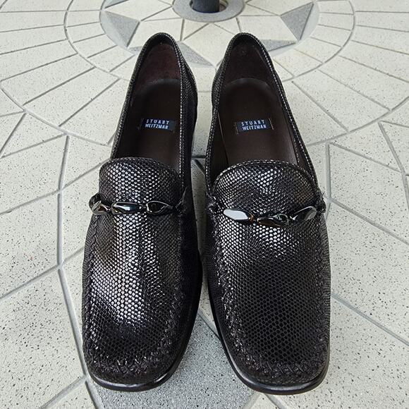 Stuart Weitzman Embellished Textured Patent Leather Heel Loafers 7 - Picture 4 of 11